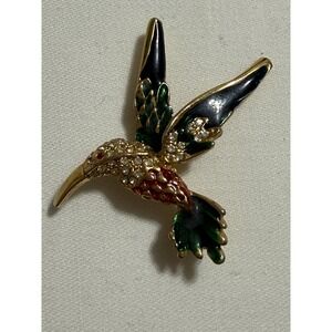 Vintage Rhinestone Enamel Hummingbird Brooch Gold Tone Bird Pin Giovanni Signed